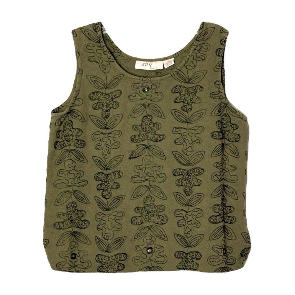 Anu by Natural Boho 100% Cotton Embroidered Tank Top Size XL Olive Green